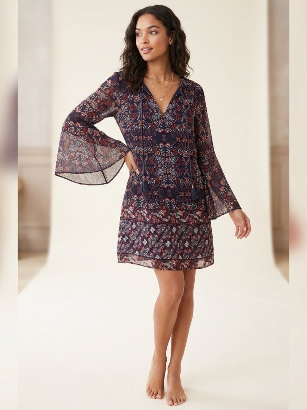 Vince Camuto Bell sleeved blue and red boho tunic dress